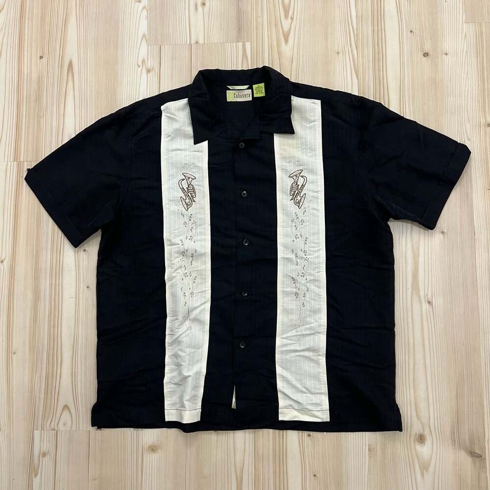 Cubavera Bowling Shirt Size XL Black White Embroidered Saxophone